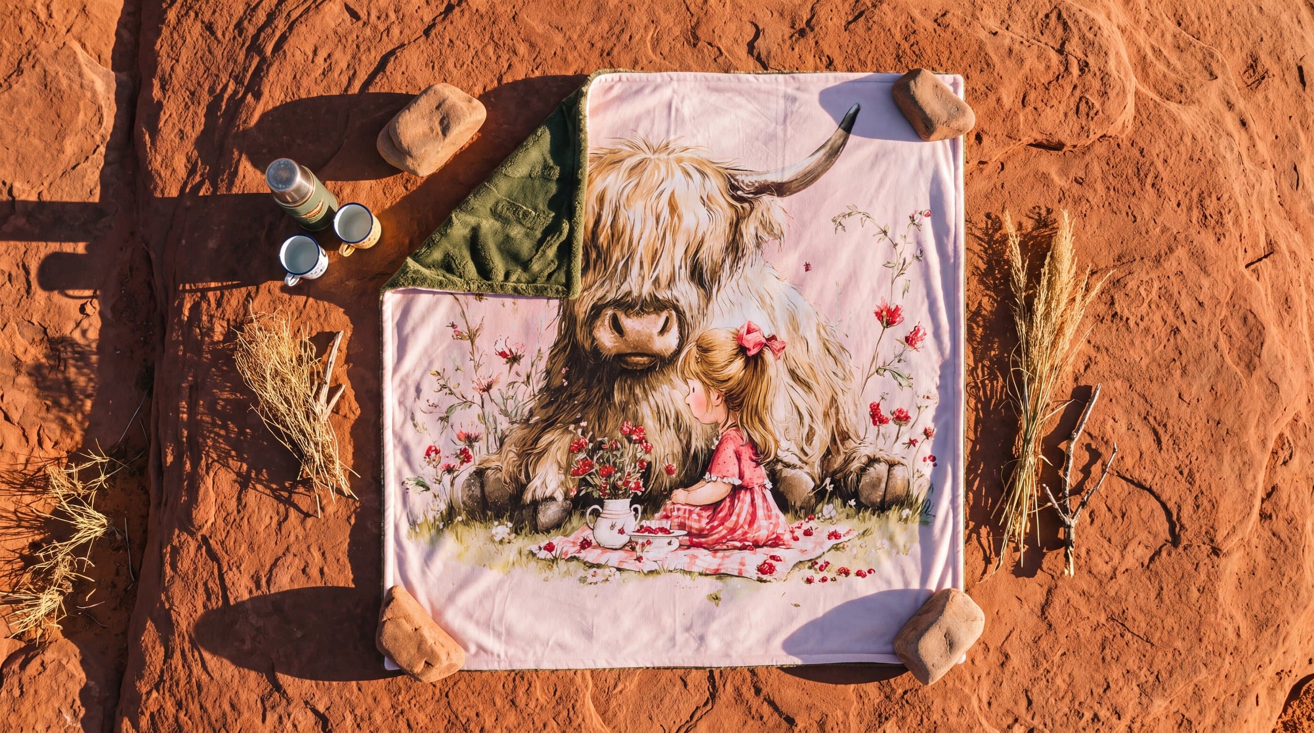 The Highland Cow blanket laid over red sandstone in the southern Utah desert at golden hour, seen from above