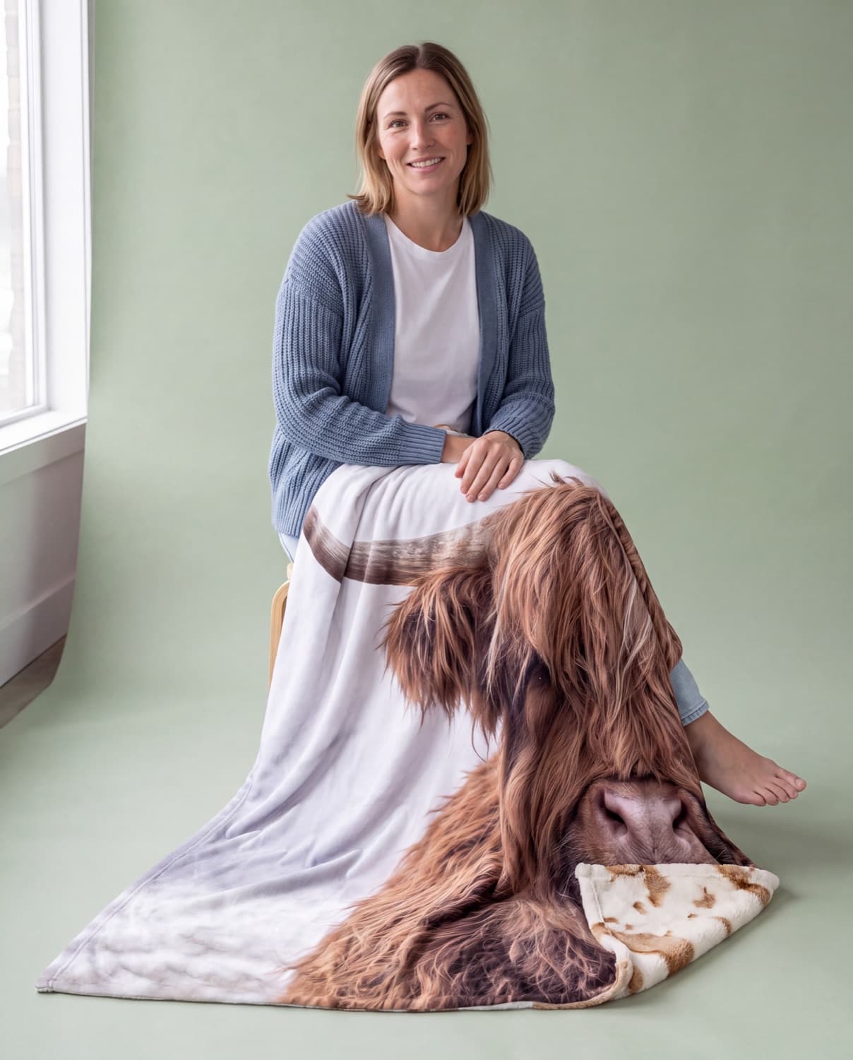 A freckled woman in a blue cardigan sits on a low stool with the Highland Snow blanket across her knees and pooling on the floor