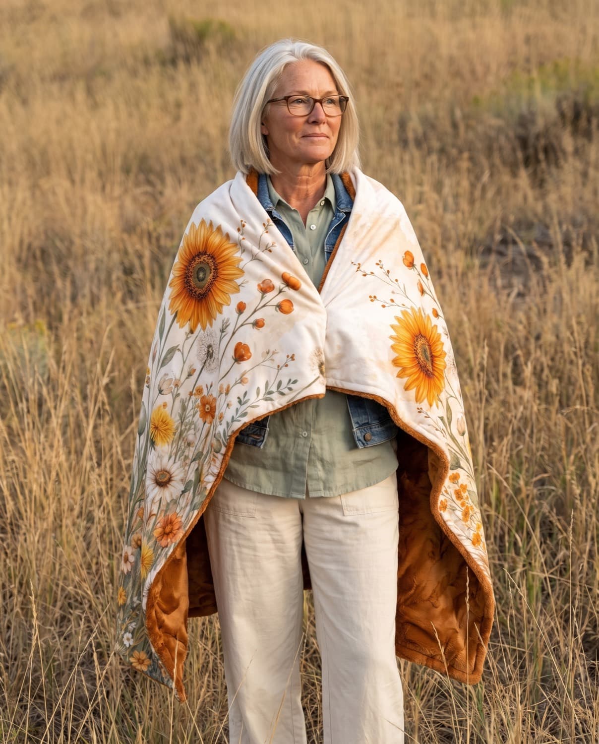 A woman in glasses stands in tall golden grass in Utah with the Wildflower Meadow blanket around her shoulders, its ginger plush lining showing