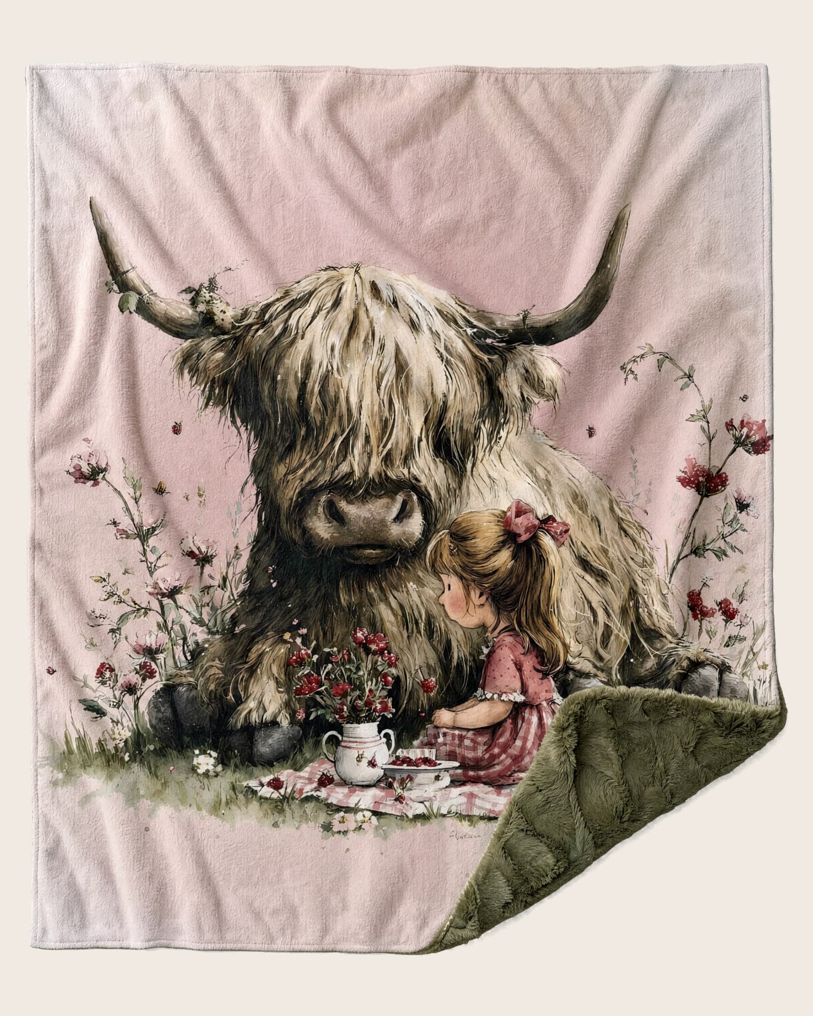 The Highland Cow Tea Party blanket laid flat: a watercolor highland cow and a little girl having a tea party on a soft pink ground, one corner turned back to show the olive green plush